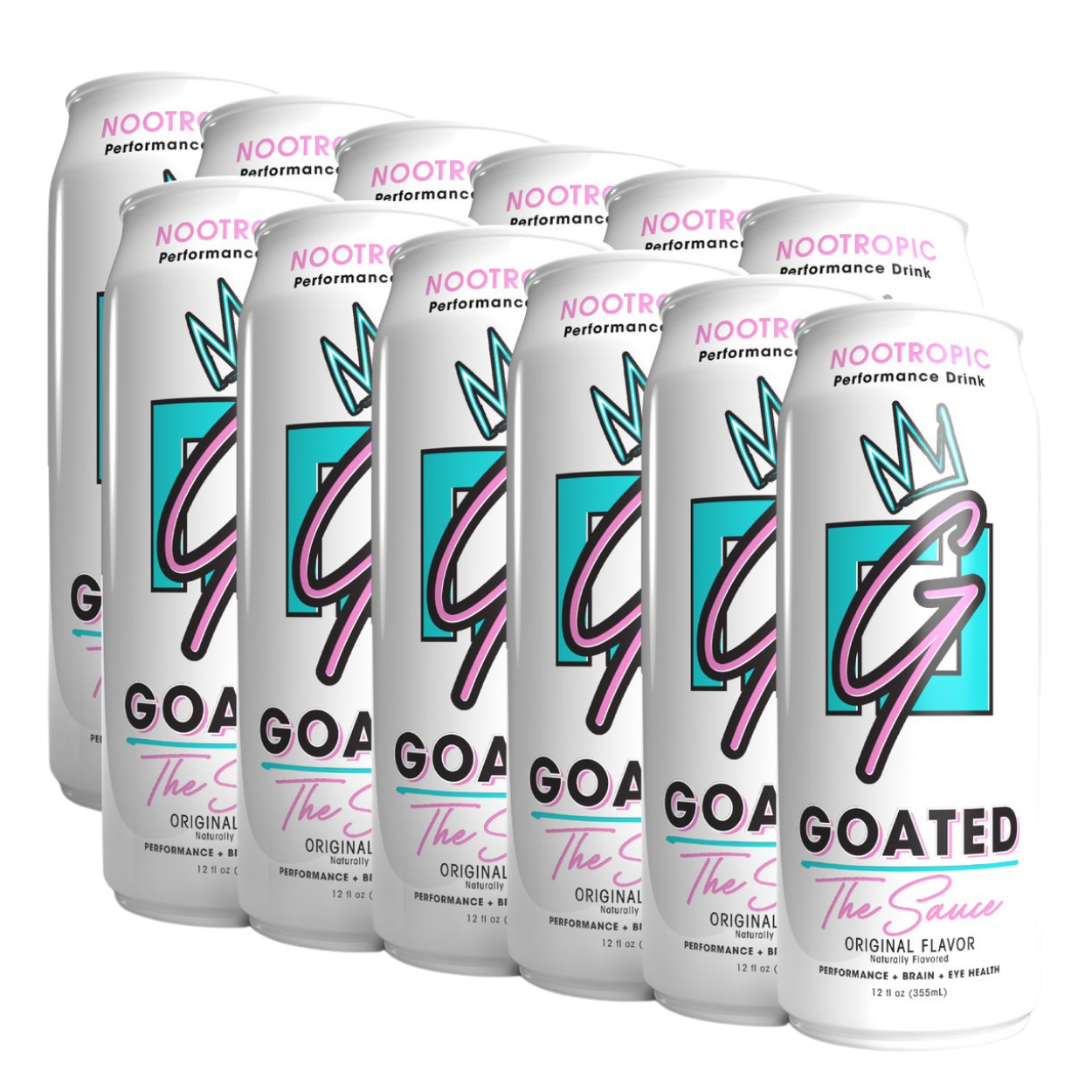 GOATED The Sauce nootropic performance drink, 12 pack of white cans